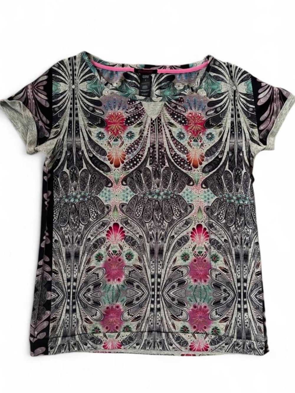 Custo Barcelona Women's Short Sleeve Patterned Grey Pink Black Top - Multicolor